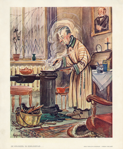 136048 Afbeelding van een man die op een kachel eten voor zichzelf klaar maakt tijdens de hongerwinter van 1944/45.N.B. ...